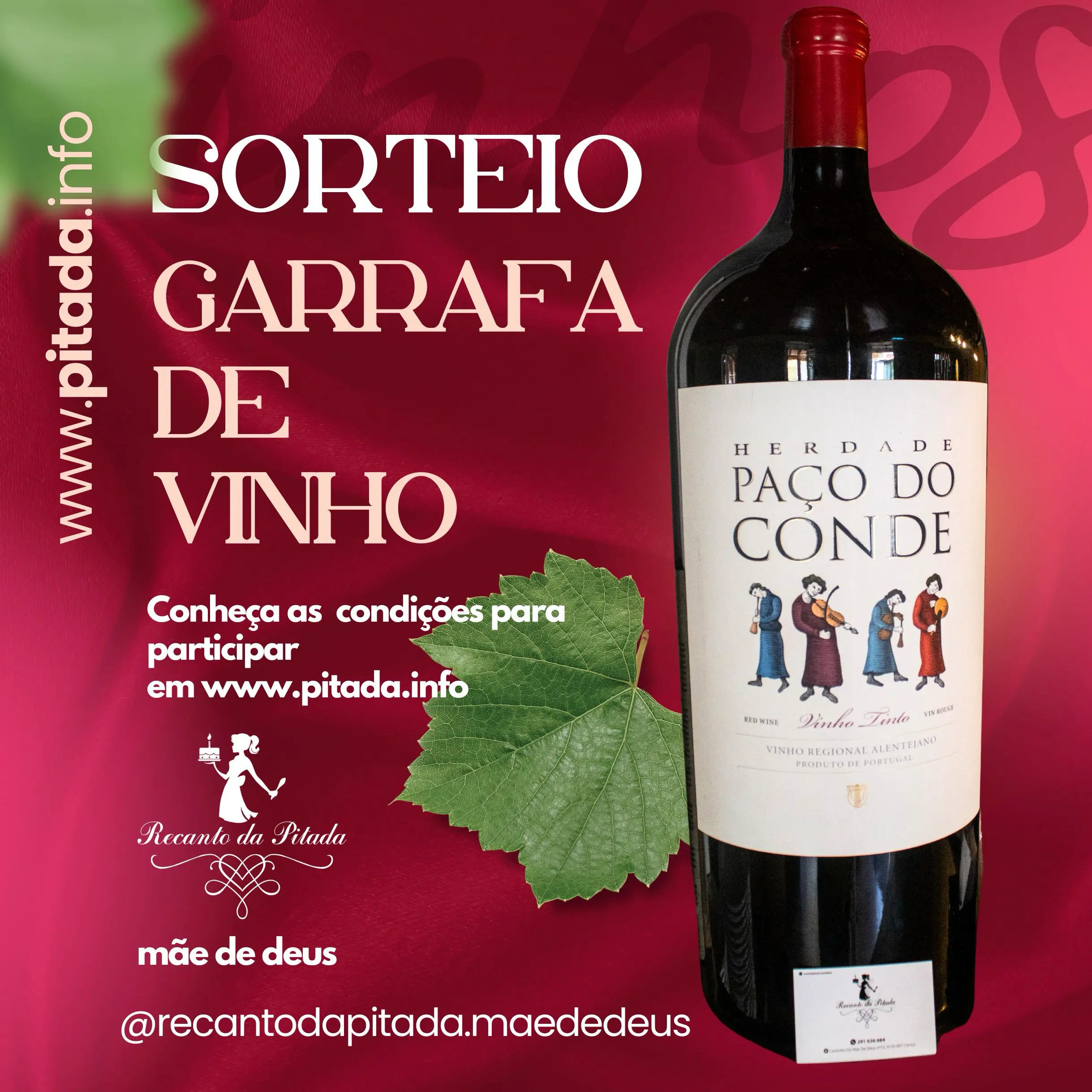 Sorteio de uma Garrafa De Vinho 12 L no restaurante Recanto da Pitada - Mãe de Deus